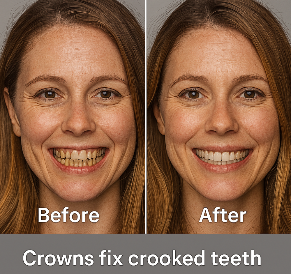 Crowns fix crooked teeth female patient image