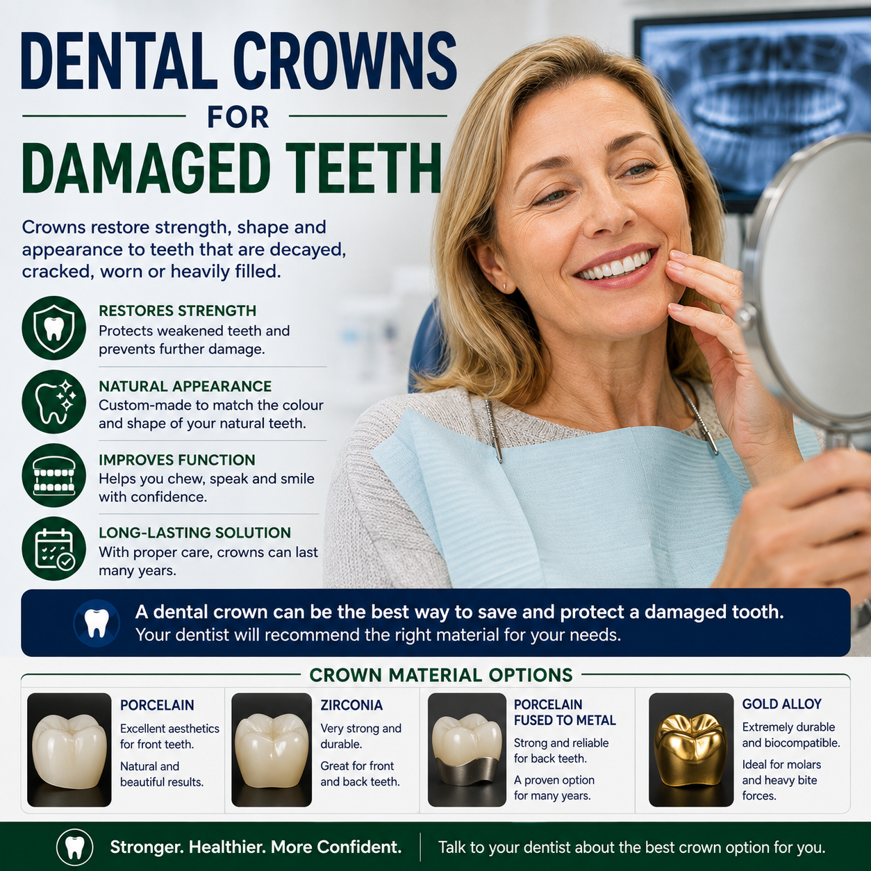 Dental crowns for damaged decayed cracked or worn teeth