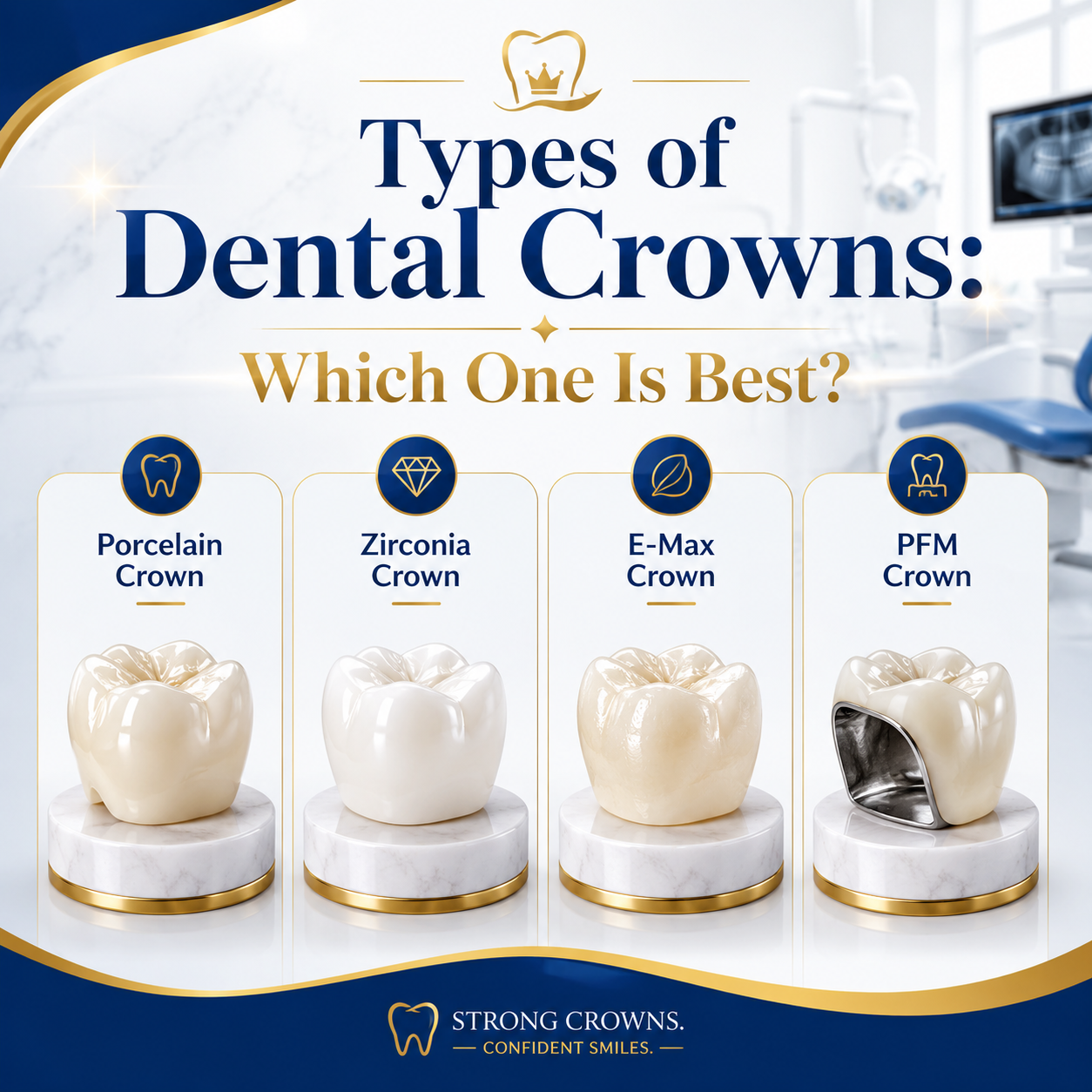 Types of dental crowns porcelain zirconia E-Max and PFM